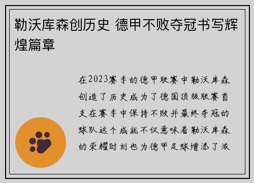 勒沃库森创历史 德甲不败夺冠书写辉煌篇章 勒沃库森创历史 德甲不败夺冠书写辉煌篇章